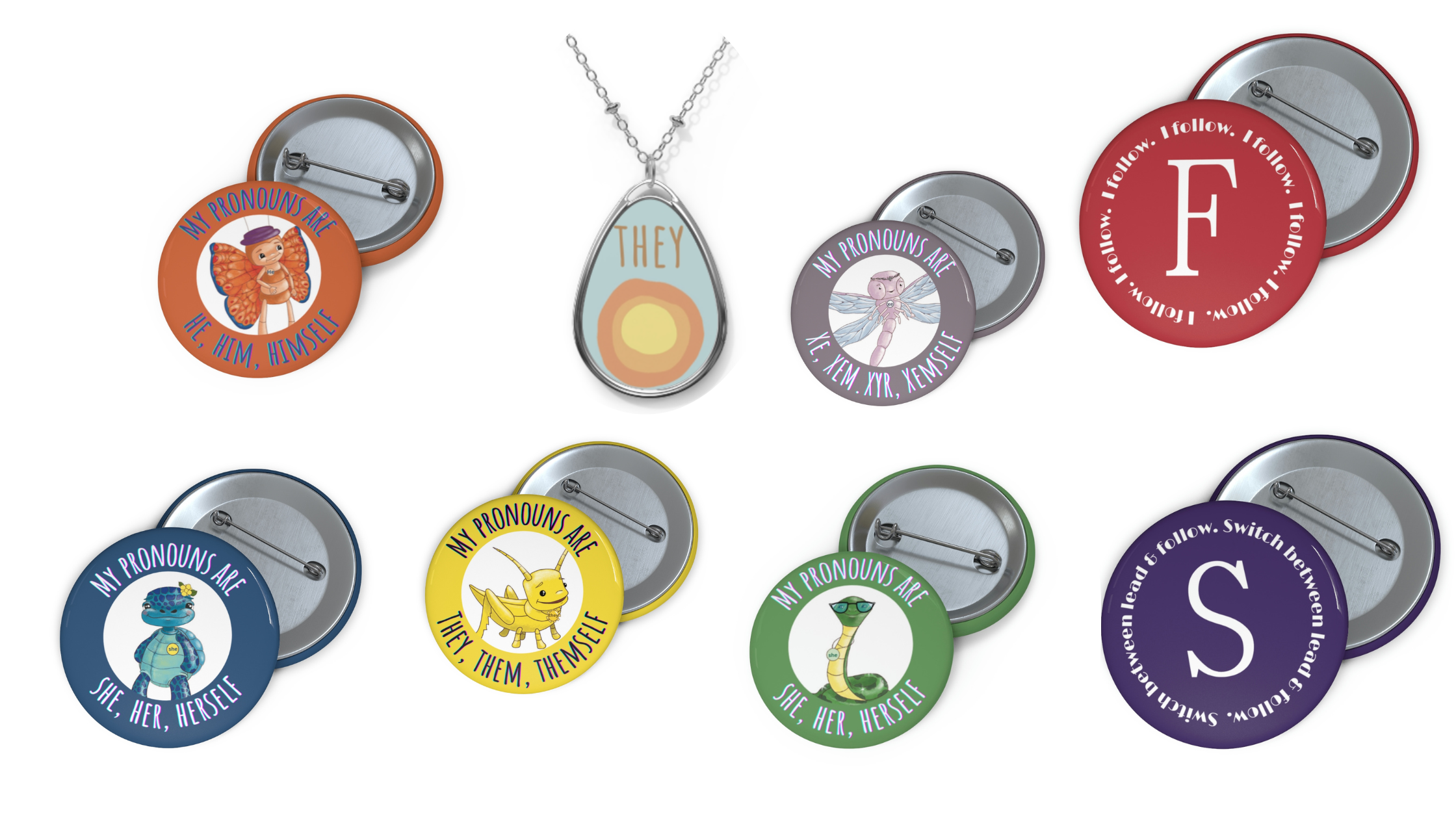 a variety of pronoun badges and pin buttons in a rainbow of colors.